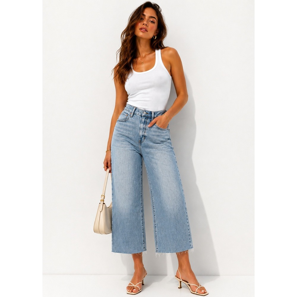 Daze Denim Pleaser High Rise Wide Ankle Jeans Indigo Light Wash Raw‎ Hem 30P NWT